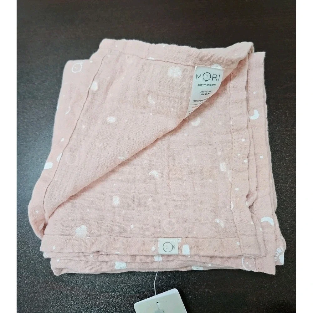 MORI Baby Blanket Pink Stars Circles Cotton Muslin Swaddle Receiving New  30x30